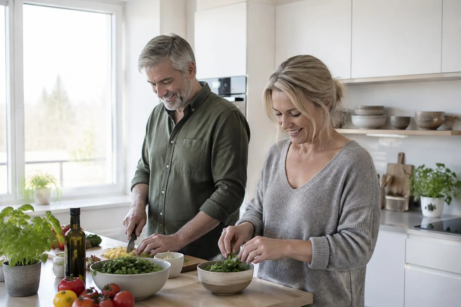 Un couple d'une cinquantaine d'années qui cuisine ensemble dans une cuisine lumineuse, lumière naturelle